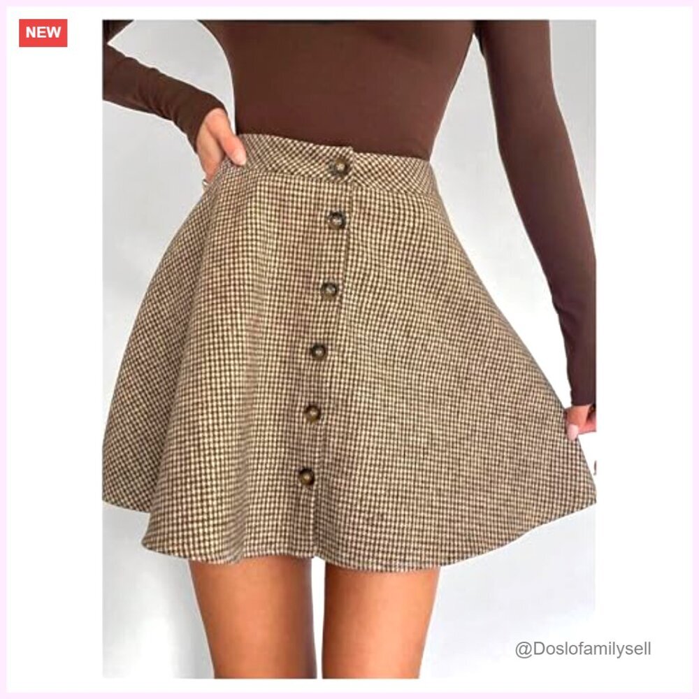 Vintage Plaid Button Mini Skirt High Waist A Line Flared Pleated - Picture 3 of 5